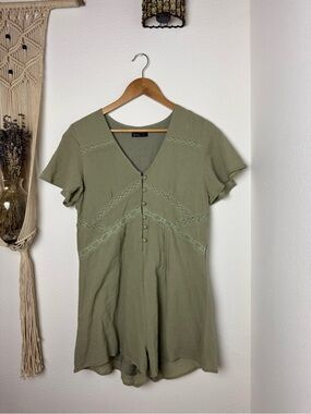 Umi Olive Green Lace-Trim Short Sleeve Romper